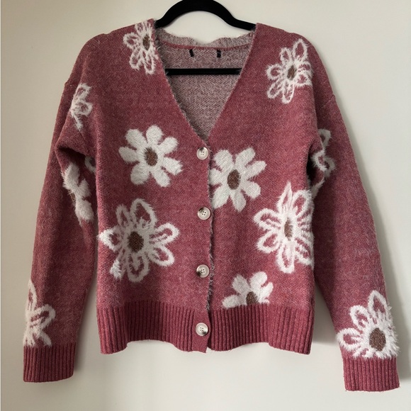 Sweaters - Floral Pink Cardigan Sweater in size small